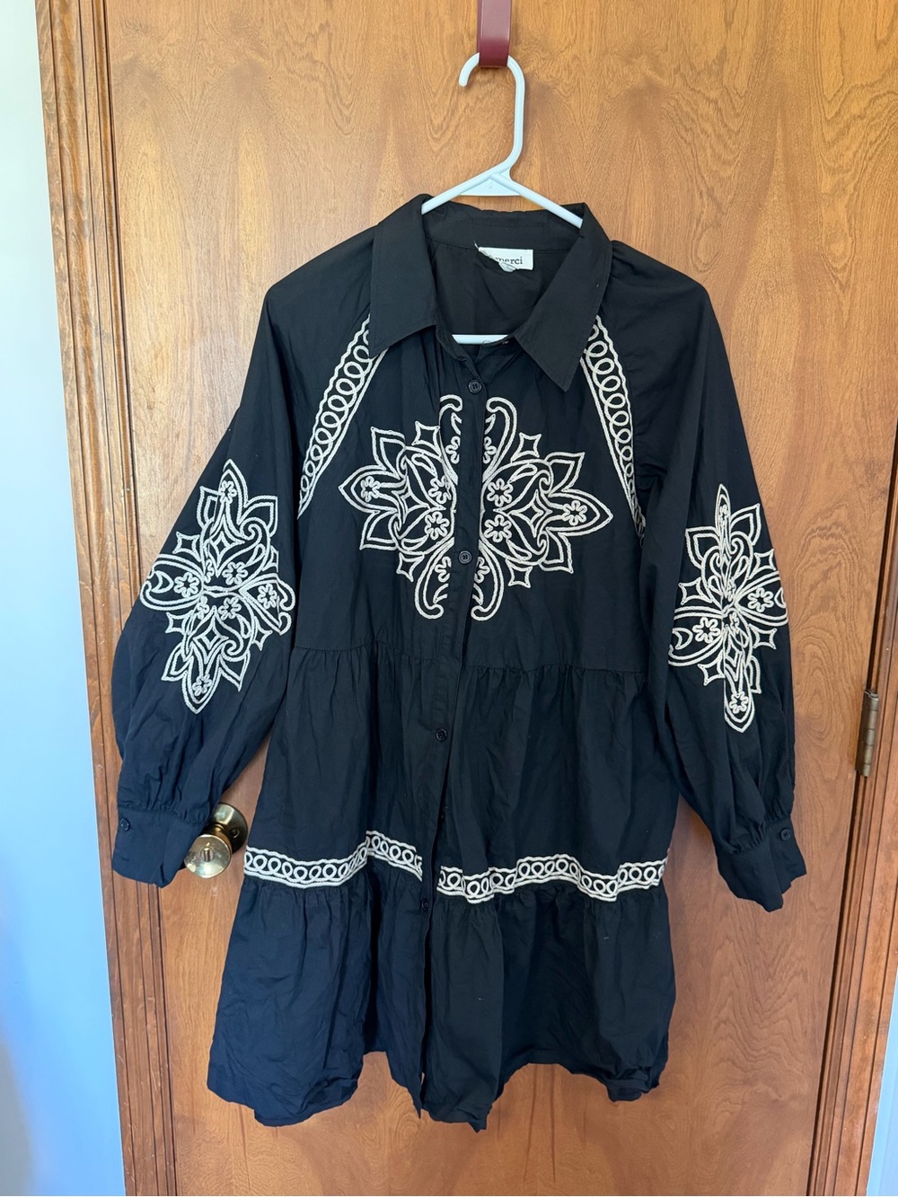 Embroidered Detail Black Button Up Dress